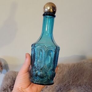 Avon Blue Glass Mouthwash Bottle with Gold Accents